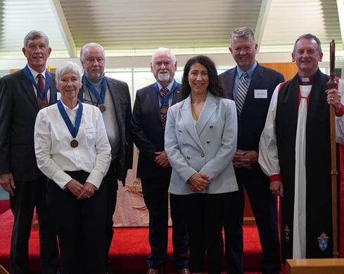 2023 Founders' Day - new Life Members honoured (from left) Garry Smith, Helen Melrose, Peter Macaulay and Dr Peter Huggard with Chief Executive of The Selwyn Foundation Denise Cosgrove, Foundation Chair Hon David Cunliffe and The Right Reverend Ross Bay, Bishop of Auckland.